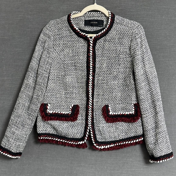Zara Jackets & Blazers - Zara Blazer Jacket M Black Red Tweed Fringe Classic Career Work Office Preppy